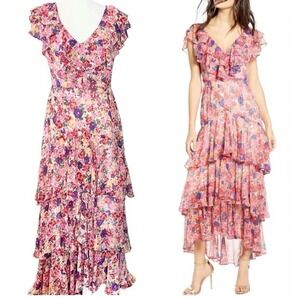 WAYF Maxi Dress Womens Large Chelsea Floral Tiered Ruffle Pink Floral V-neck